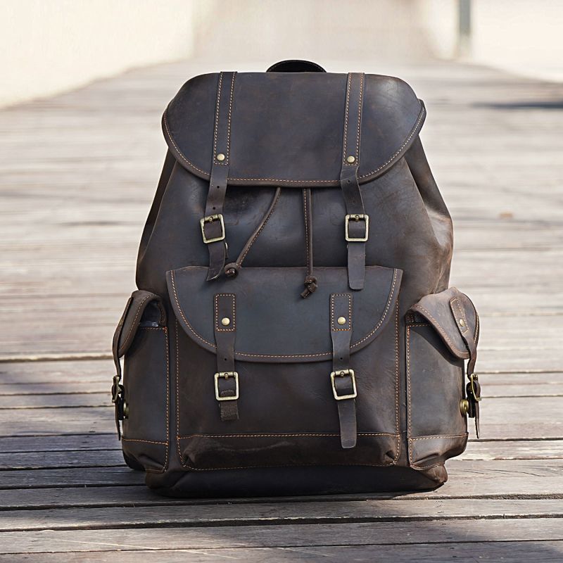 Military Style Leather Backpack - Worn Look Dark Brown image