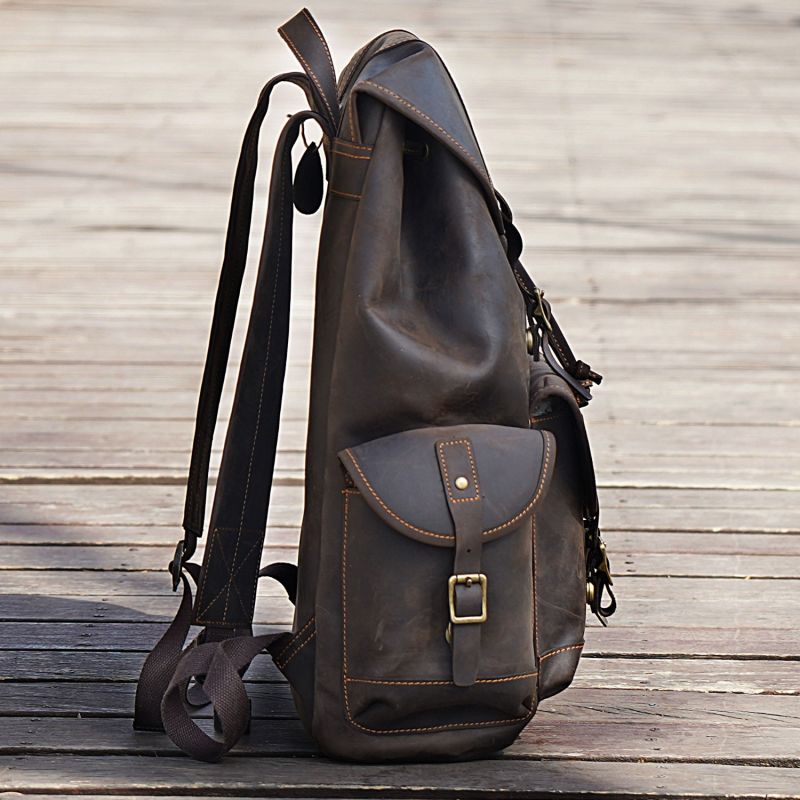 Military Style Leather Backpack - Worn Look Dark Brown image