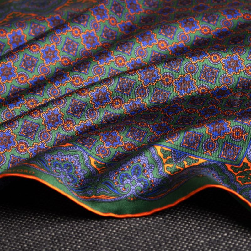 'Millefiori' Silk Pocket Square In Green, Blue & Orange. Full-Size. image