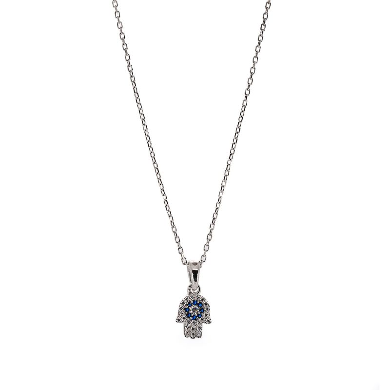 Minimalist Diamond Hamsa Hand Sterling Silver Lucky Necklace - Silver image