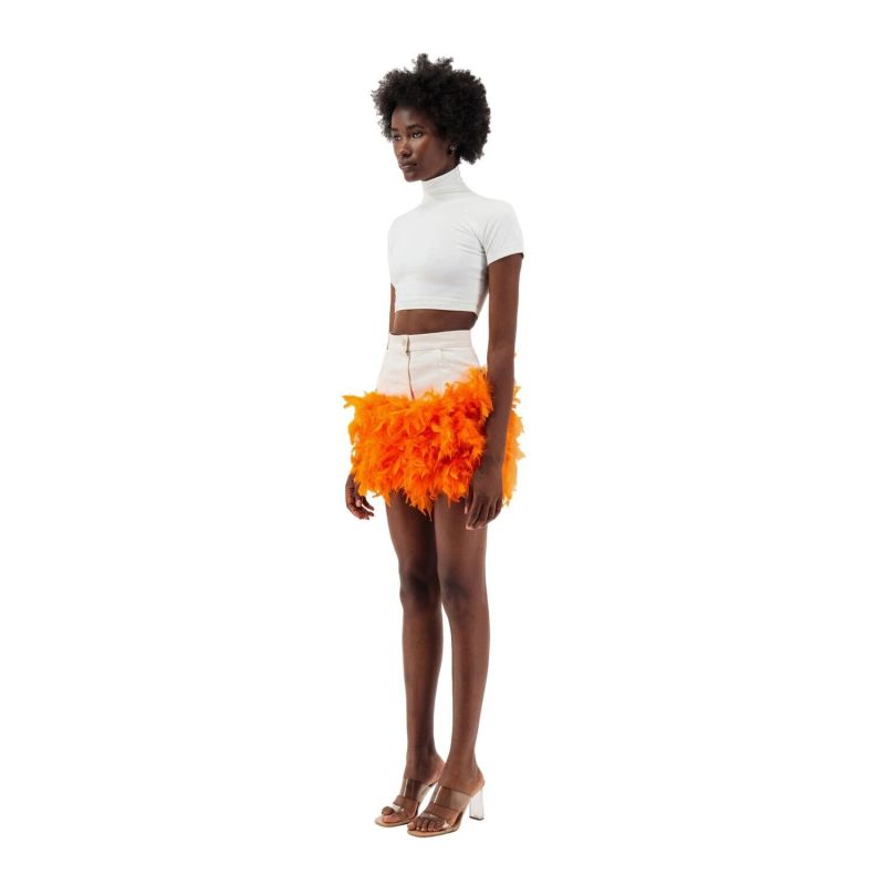 Mini Orange Feather Trim Denim Skirt image