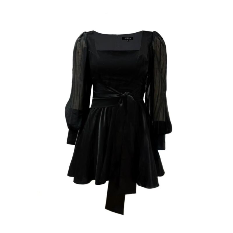 Mini Skater Black Satin Dress With Long Sleeve And Belted Waist image