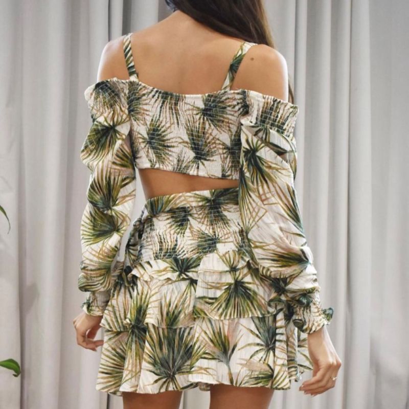 Cold Shoulder Long Sleeve Tropical Print Crop Top image