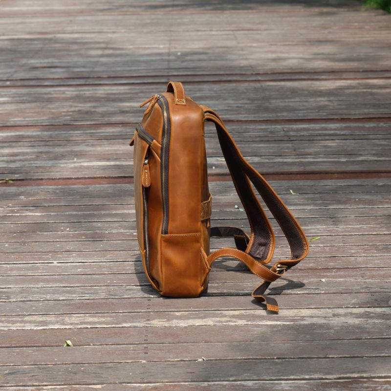 Minimalist Zip Open Leather Backpack Light Brown by Touri