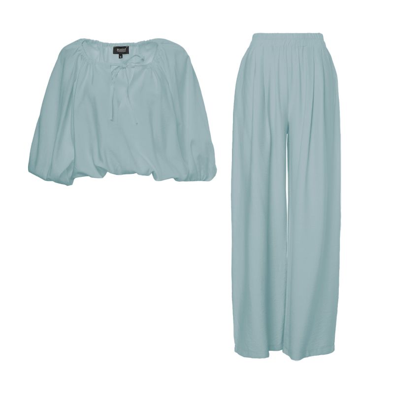 Mint Linen Matching Set With Flowy Blouse And Wide Leg Trousers image