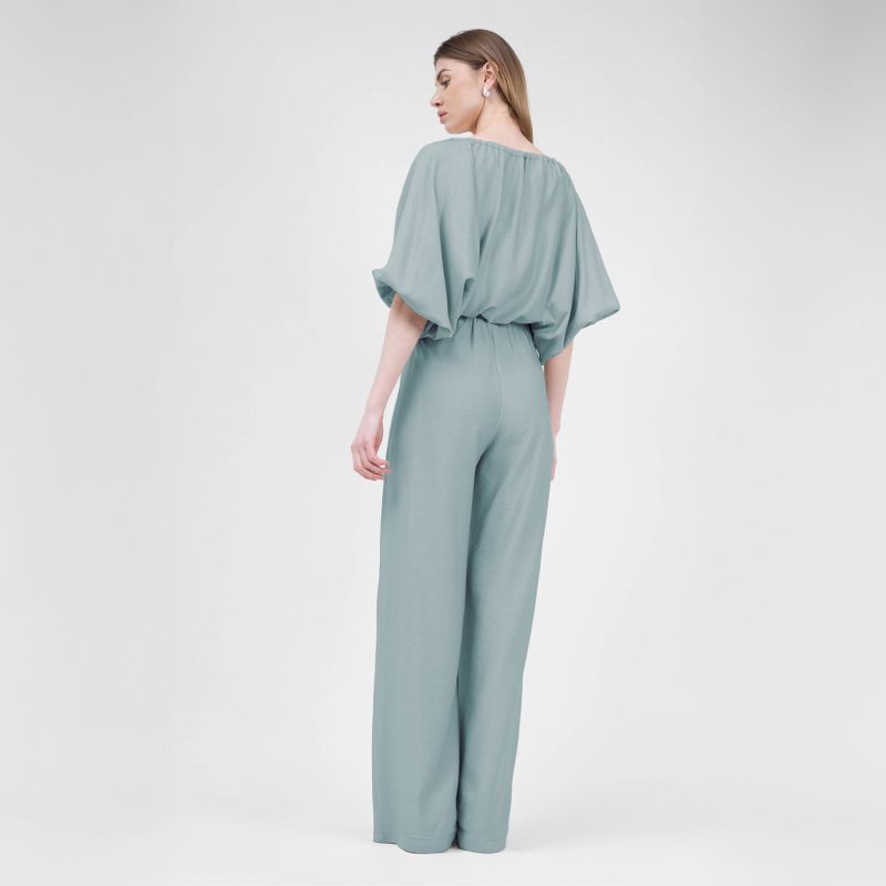 Mint Linen Matching Set With Flowy Blouse And Wide Leg Trousers image