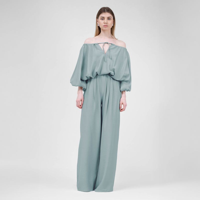 Mint Linen Matching Set With Flowy Blouse And Wide Leg Trousers image