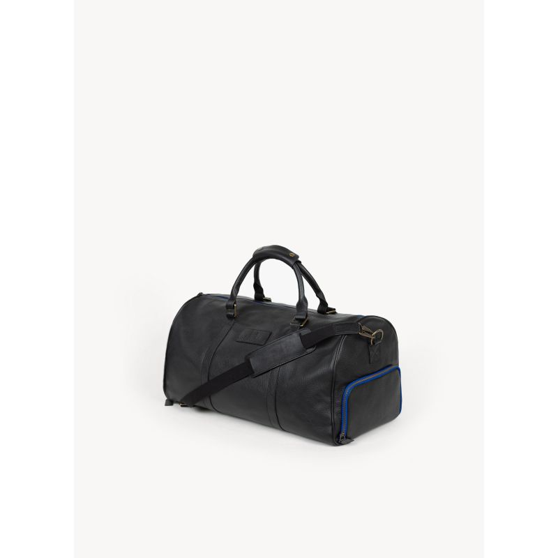 Black Leather Weekender Duffle Bag With Shoe Compartment image