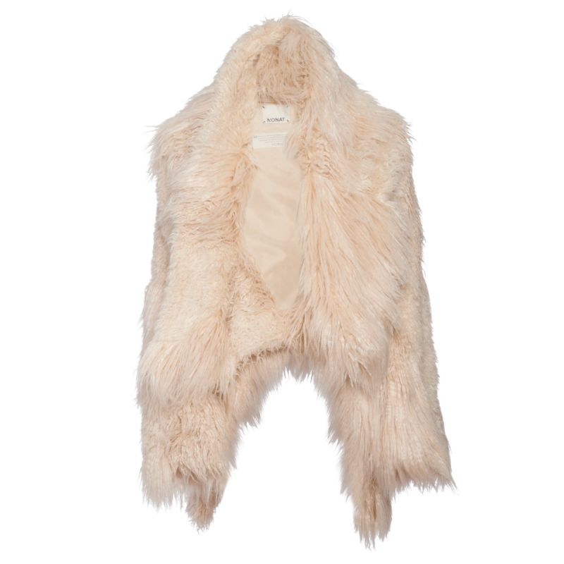 Emine Asymmetrical Faux Fur Wrap Coat In Beige image