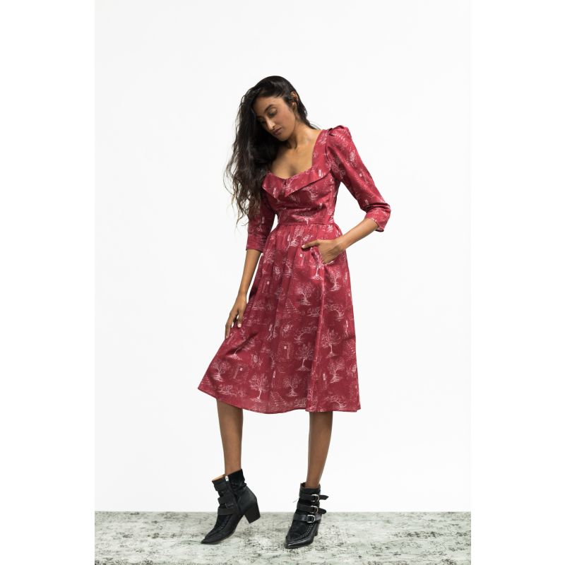 Marisol Dress With Portrait Neckline In Ruby Red & Alabaster Toile Cotton image