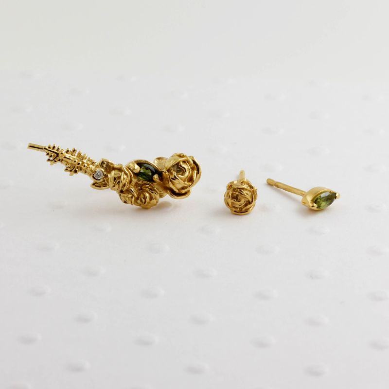 Three Earrings Set Gold Roses & Tourmalines - Gold image