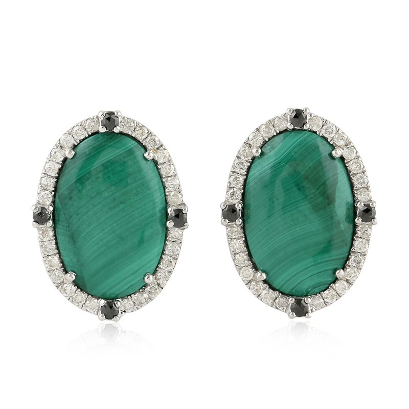 18K White Gold Pave Diamond Malachite Gemstone Stud Earrings Jewelry image