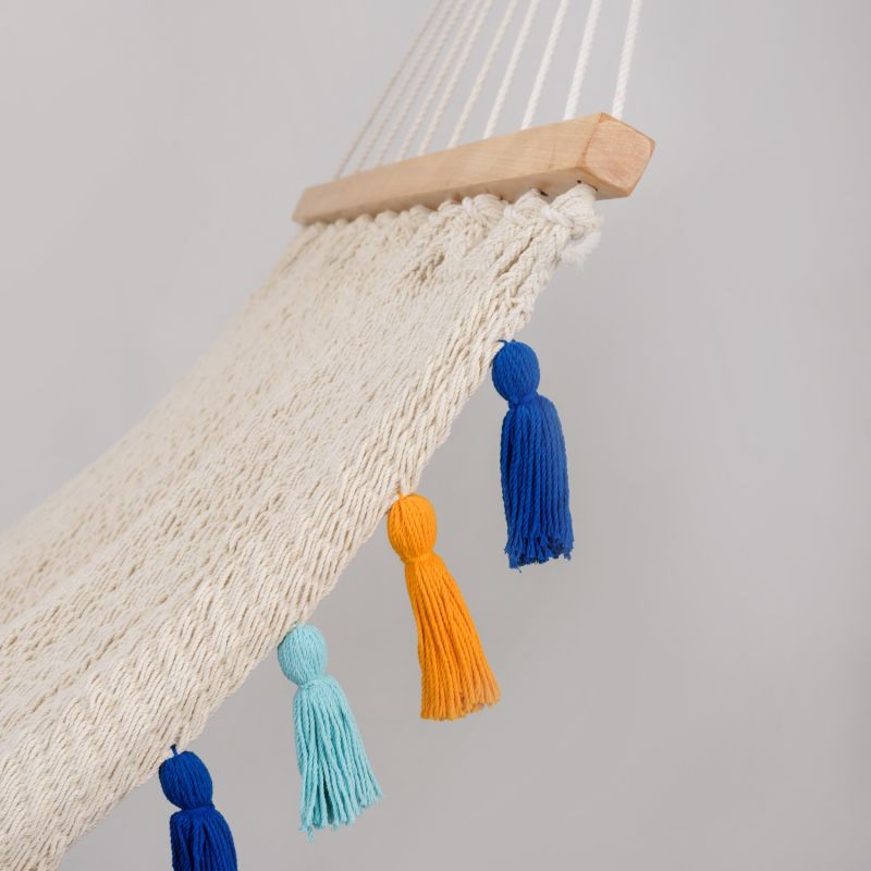 Deluxe Natural Cotton Hammock With Hue Inspired Tassels - Teak Wooden Bar image