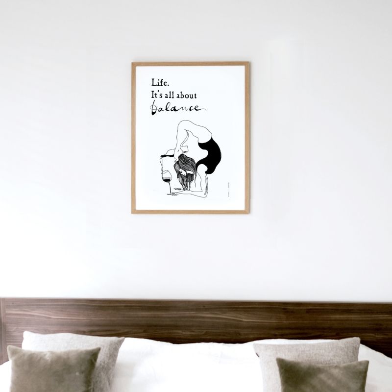 Funny Yoga Art Print With Woman In Yoga Pose Pouring A Bottle Of Wine In A Glass: Life Is All About Balance Quote image