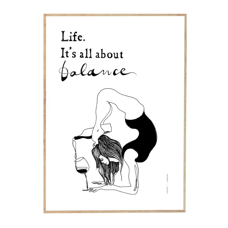 Funny Yoga Art Print With Woman In Yoga Pose Pouring A Bottle Of Wine In A Glass: Life Is All About Balance Quote image