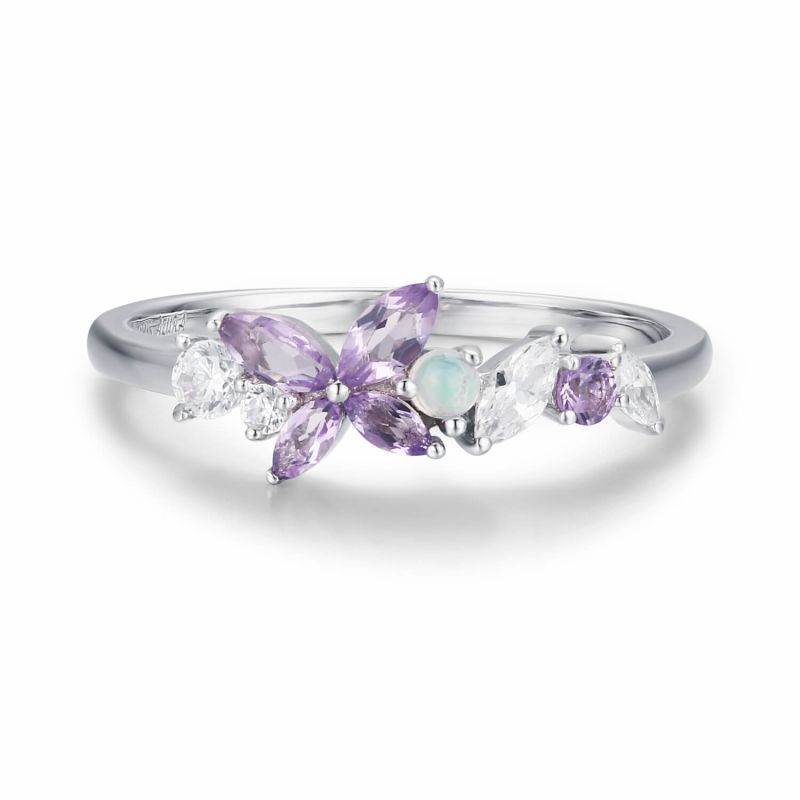 Monarch Butterfly Amethyst Opal Ring Solid White Gold image