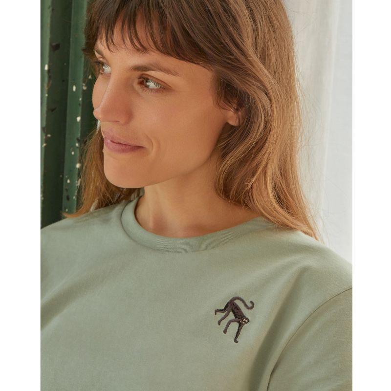 Monkey Embroidered Organic Cotton T-Shirt Aloe Women image