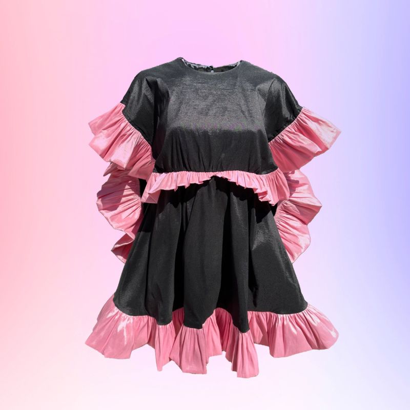 Superheroine Pink And Black Ruffle Taffeta Cocktail Dress image