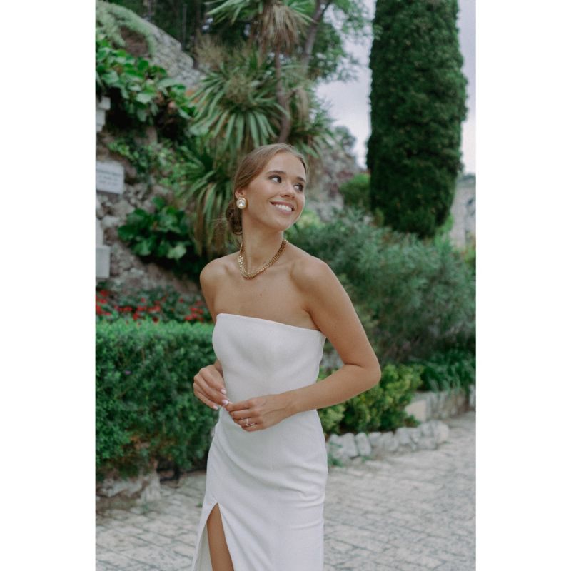 Mora White Strapless Front Slit Corset Midi Dress image