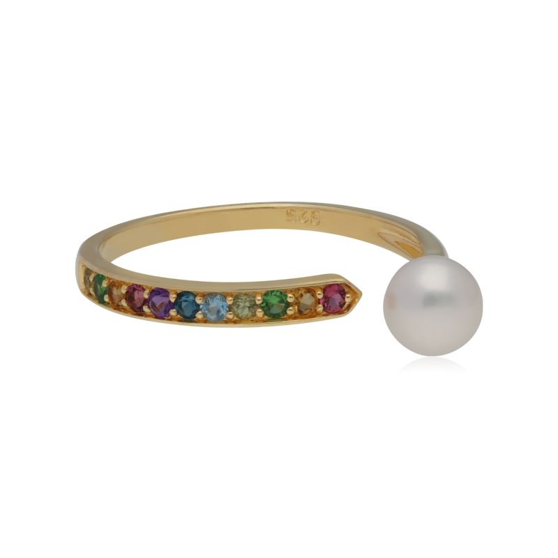 Rainbow Gems & Pearl Open Ring In Yellow Gold Plated Silver image