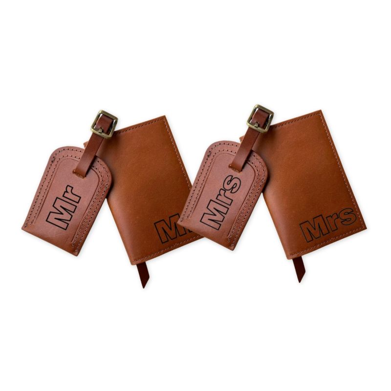 Mr & Mrs Handmade Leather Passport And Luggage Tag Travel Set image