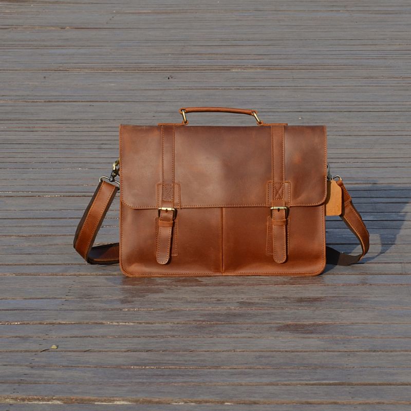 Worn Look Genuine Leather Briefcase - Brown image