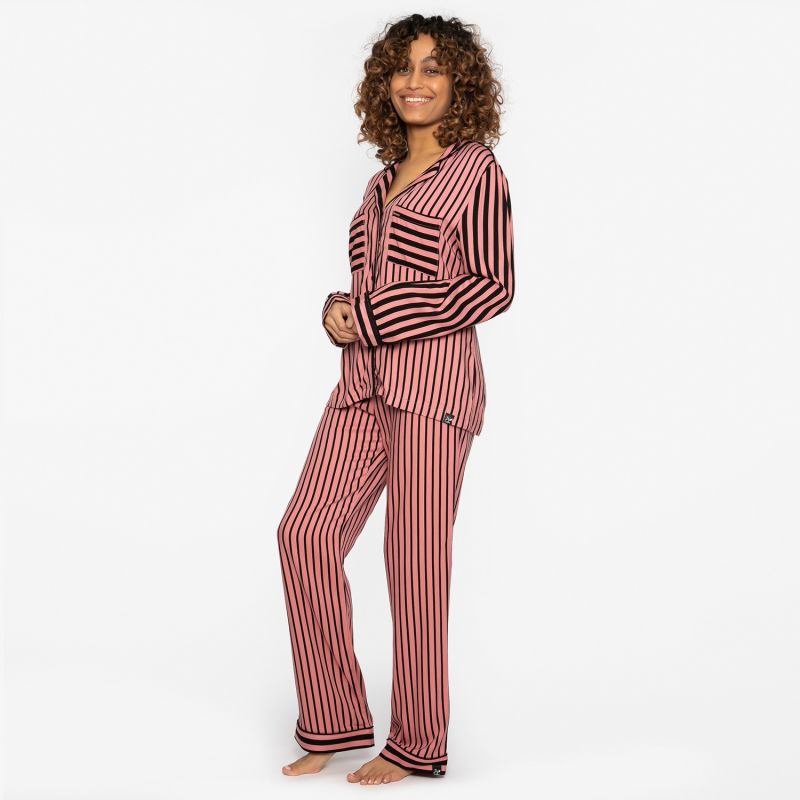 Boyfriend Fit Striped Pyjama In Terracotta & Black image