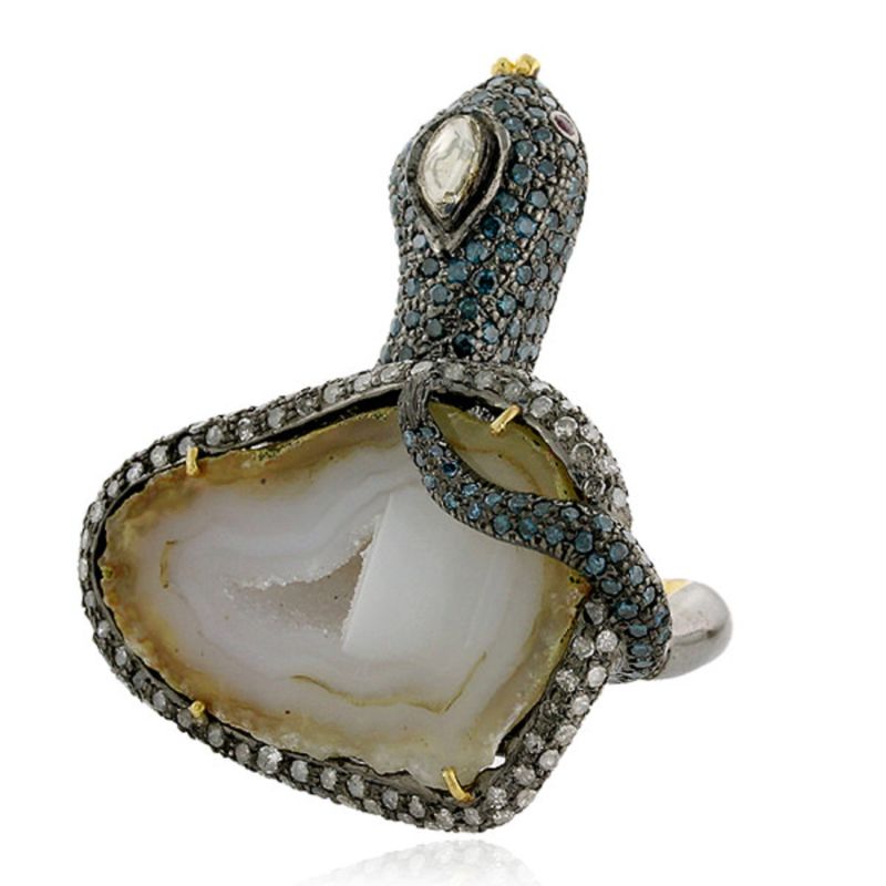 Multicolor Diamond Pave & Ruby With Unshaped Geode In 18K Gold Silver Snake Stunning Ring image