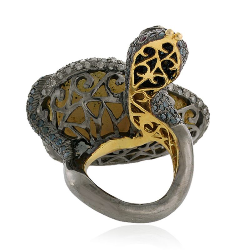 Multicolor Diamond Pave & Ruby With Unshaped Geode In 18K Gold Silver Snake Stunning Ring image