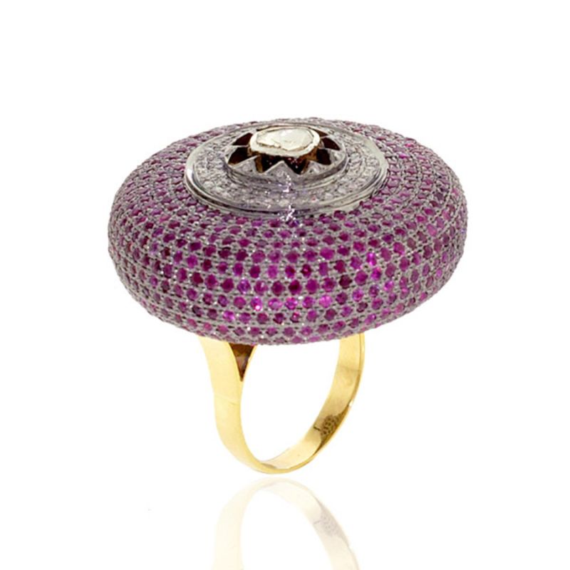 Multicolor Pave & Uncut Diamond In 14K Yellow Gold Dome Cocktail Ring image