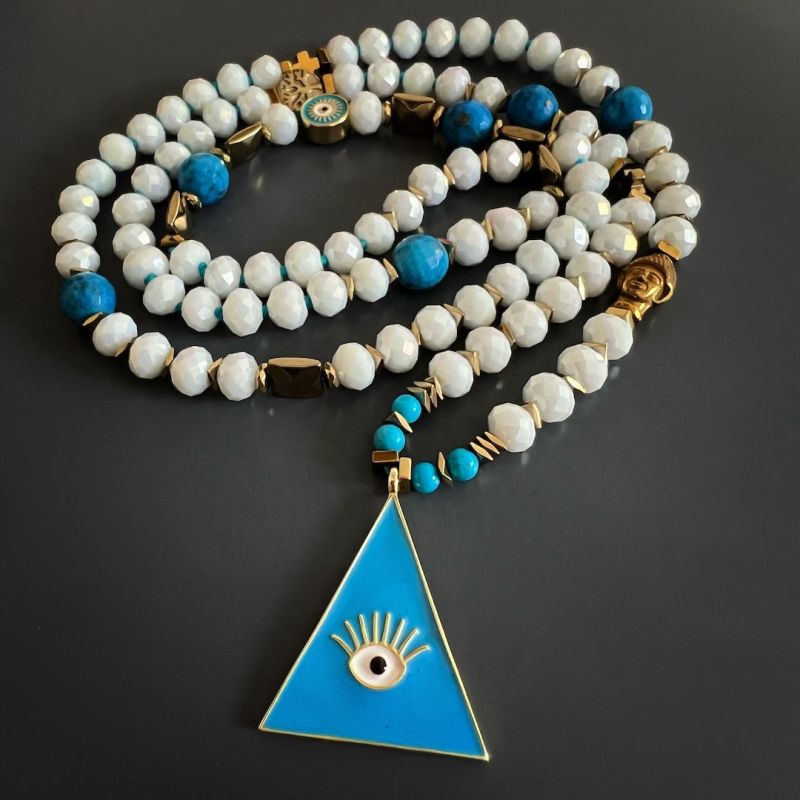 Mystic Symbols & Blue Evil Eye Pendant White Beaded Necklace - Blue image