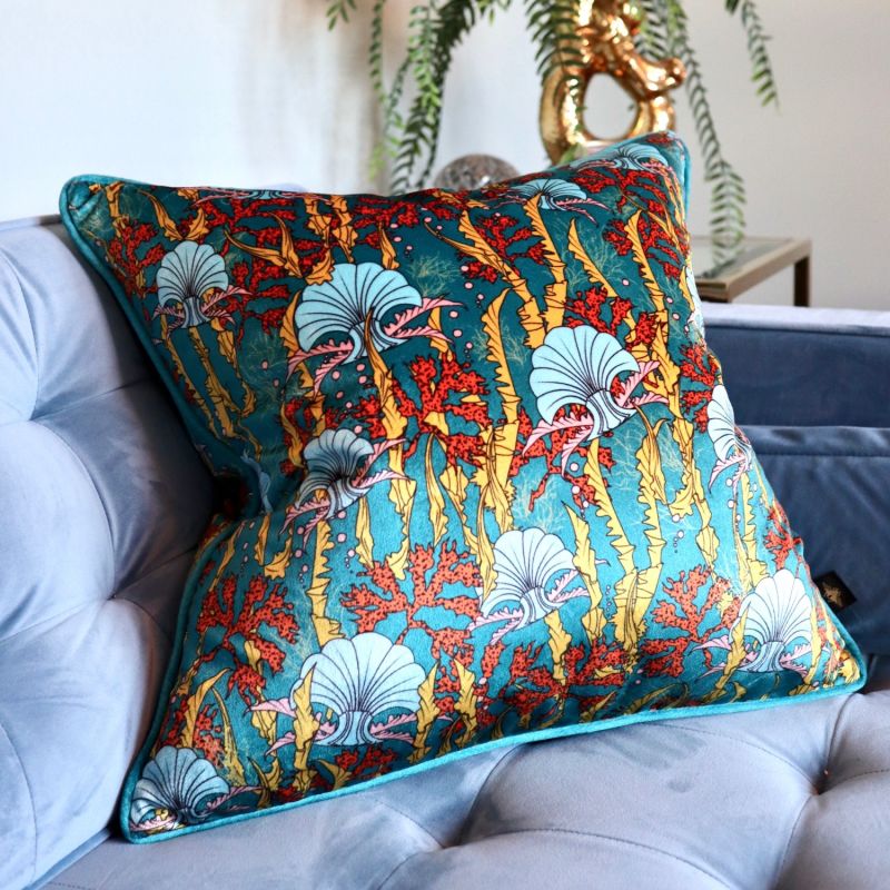 Coral Odyssey Teal Velvet Cushion image