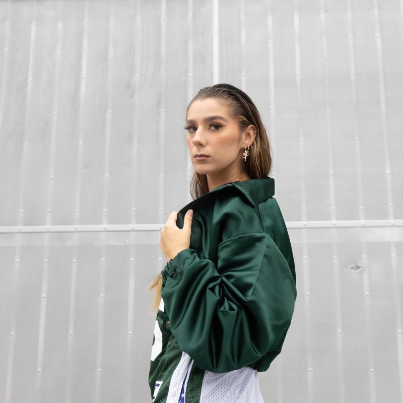 Premium Green Cropped And Collared Bomber Jacket image