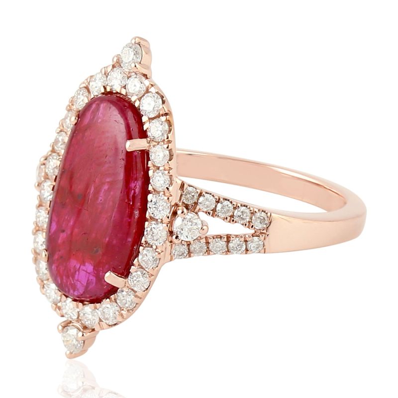 Rose Gold Pave Diamond Natural Ruby Cocktail Ring Handmade image