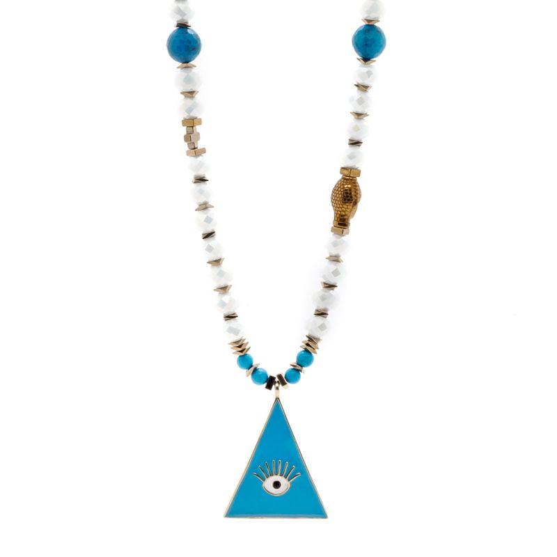 Mystic Symbols & Blue Evil Eye Pendant White Beaded Necklace - Blue image