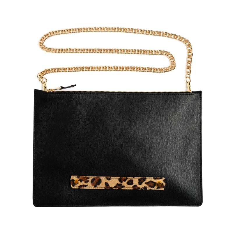 Classic Crossbody Leather Clutch With Chain Handle-Black image