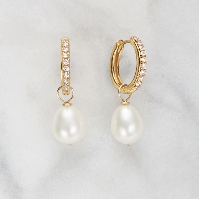 Gold Diamond Style Large Pearl Drop Hoop Earrings image