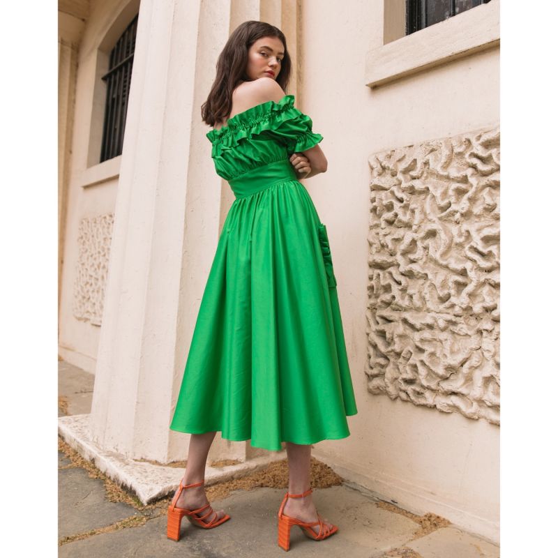 The Tamsin Bardot Ruffle Pocket Midi Dress In Island Green image