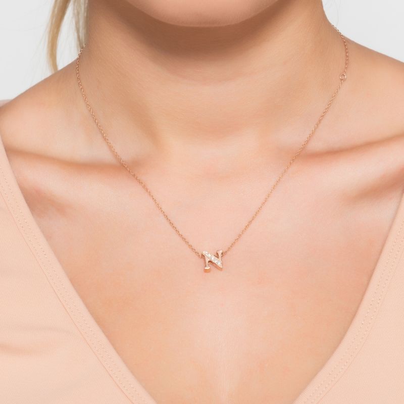 Diamond Initial Letter Pendant Necklace Rose Gold N LATELITA