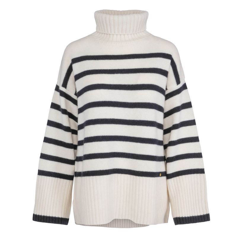 Naomi Chunky Pure Cashmere Pullover With Turtle Neck And Stripes, Off White With Black Stripes image