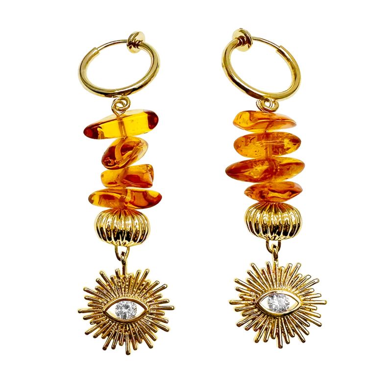 Natural Amber With Evil Eye Dangle Clip-On Earrings image