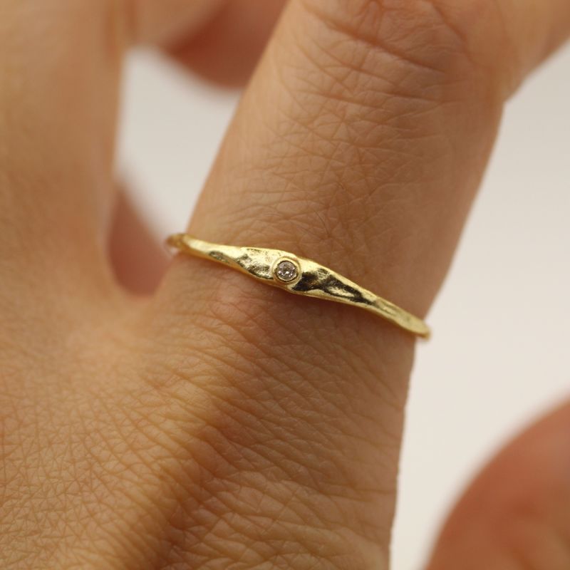 Natural Diamond Hammered Textured Yellow Gold Ring image