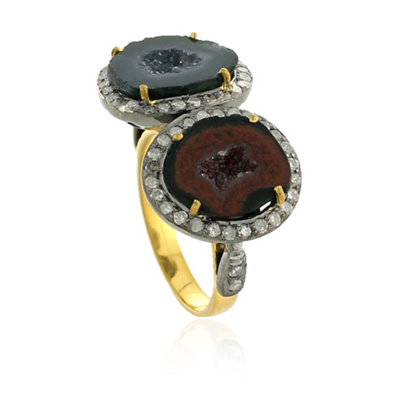 Natural Geode & Pave Diamond In 18K Gold With 925 Silver Designer Cocktail Ring image