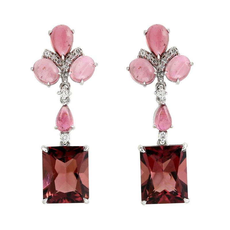 Natural Octagon Shape Pink Tourmaline & Pave Diamond In 18K White Gold Dangle Earrings image