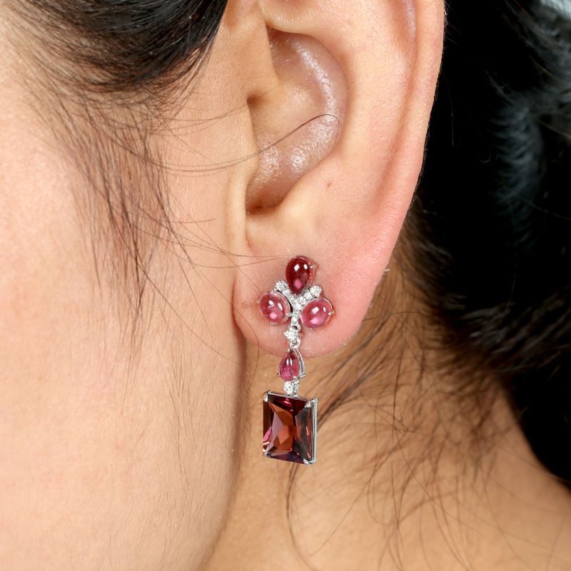 Natural Octagon Shape Pink Tourmaline & Pave Diamond In 18K White Gold Dangle Earrings image