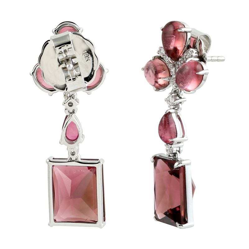 Natural Octagon Shape Pink Tourmaline & Pave Diamond In 18K White Gold Dangle Earrings image