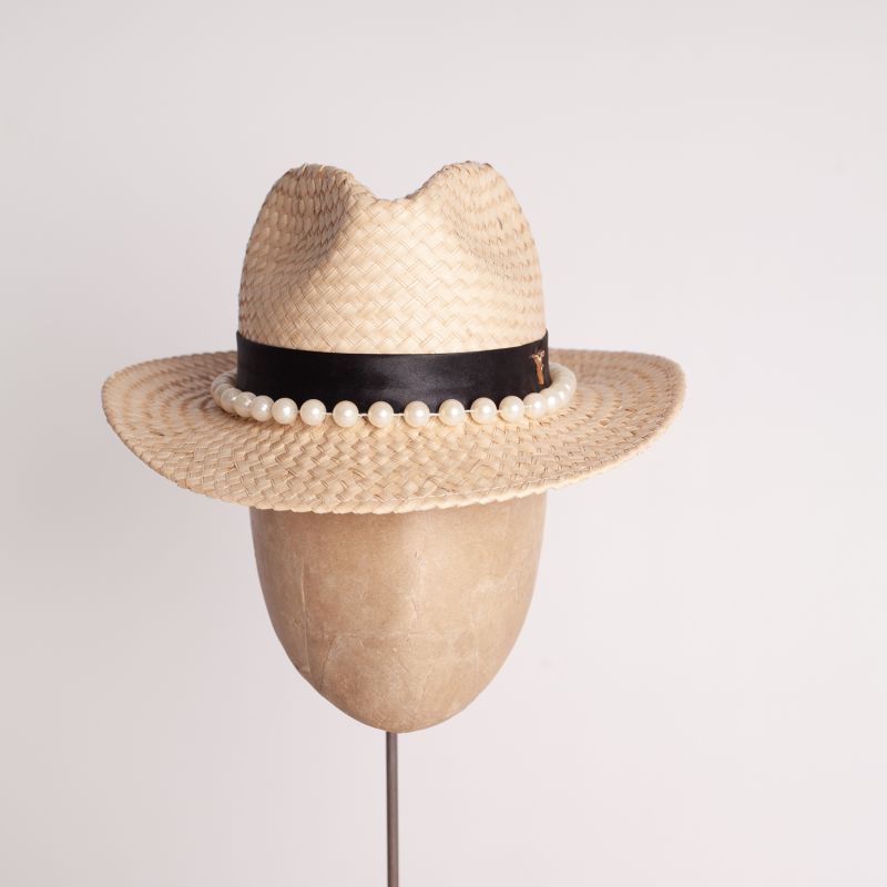 Natural Straw Trilby With Black Satin Band And Extra Large Pearl Trim image