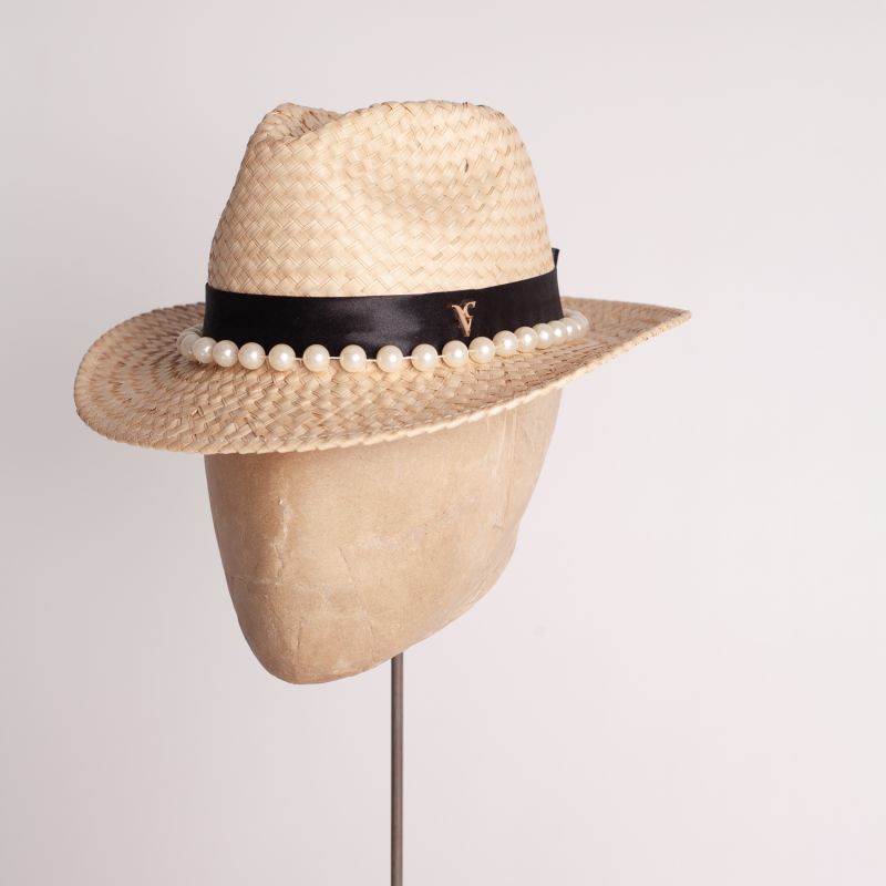 Natural Straw Trilby With Black Satin Band And Extra Large Pearl Trim image