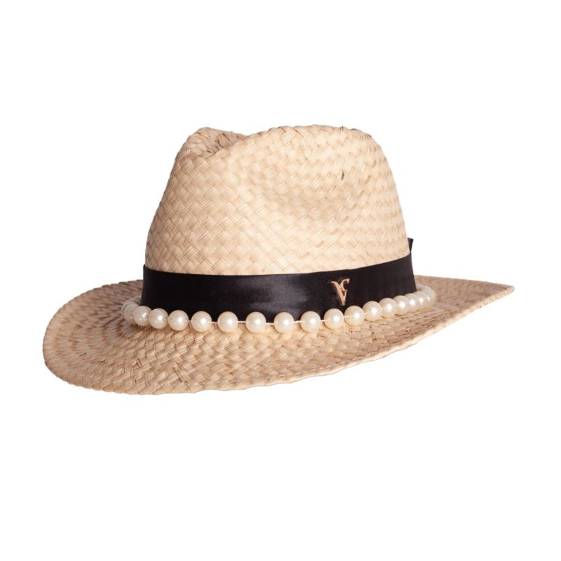 Natural Straw Trilby With Black Satin Band And Extra Large Pearl Trim image