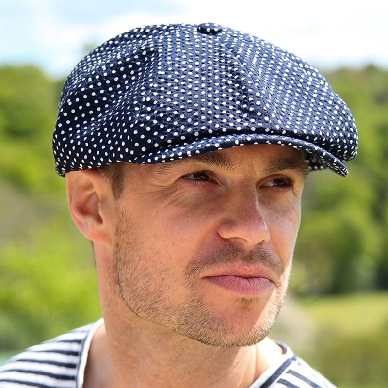 Theos Moonlight Newsboy Cap In Navy Blue Polka Dot Cotton image